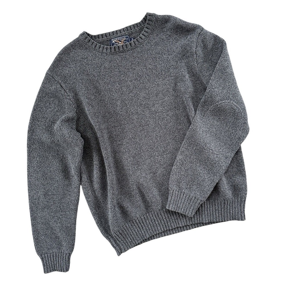 American Living Mens XL Gray Cotton Knit Sweater Elbow Patch Fisherman Heritage